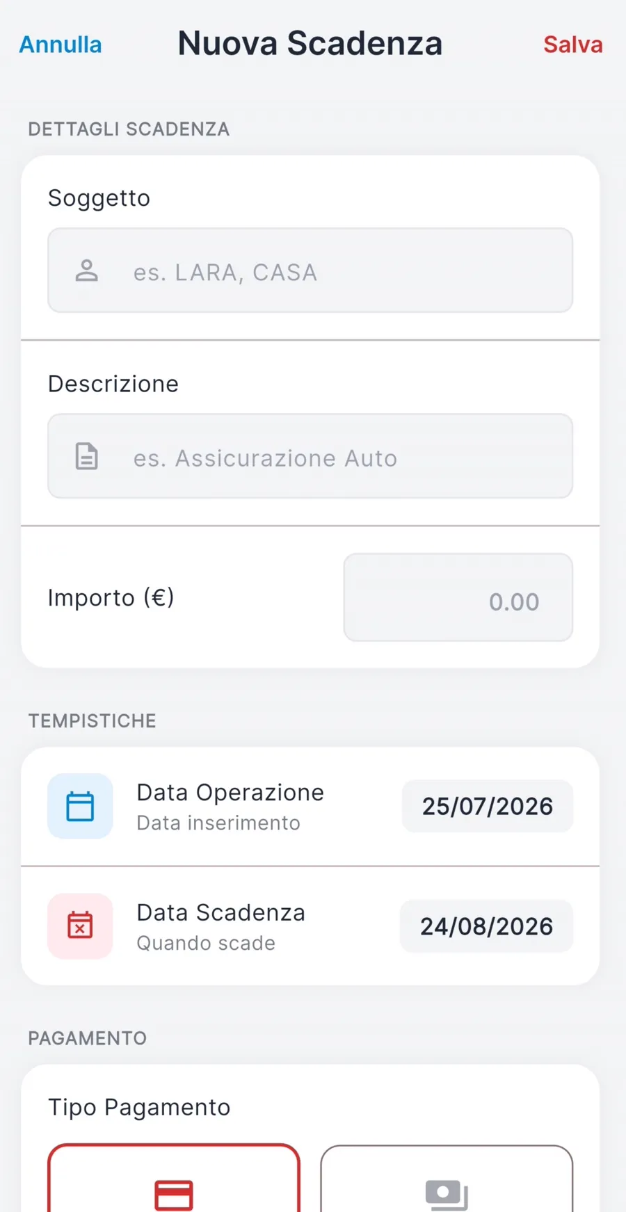 Schermata Nuova Scadenza
