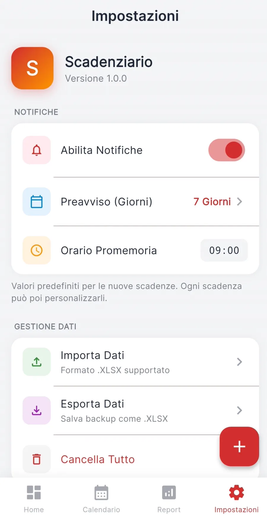 Schermata Impostazioni e notifiche